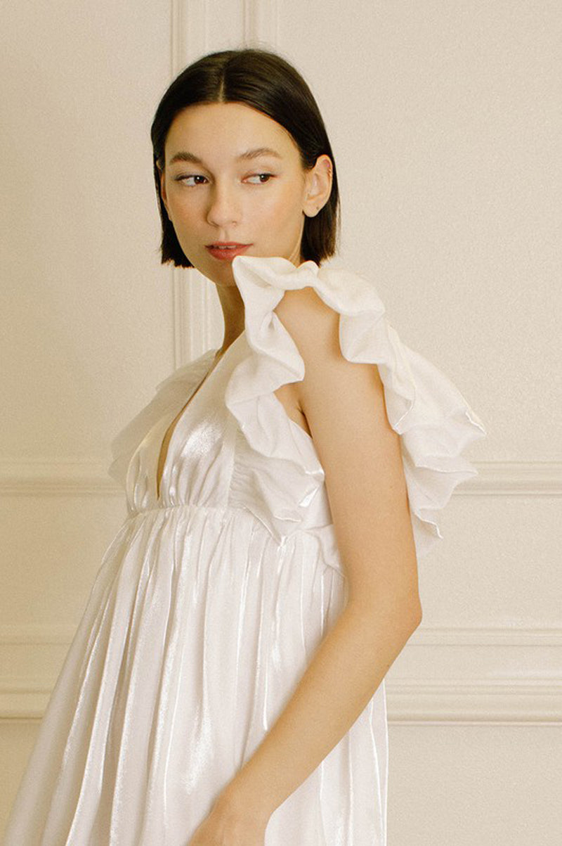 Ruffle Sleeve Shimmer Plunge Bubble Dress