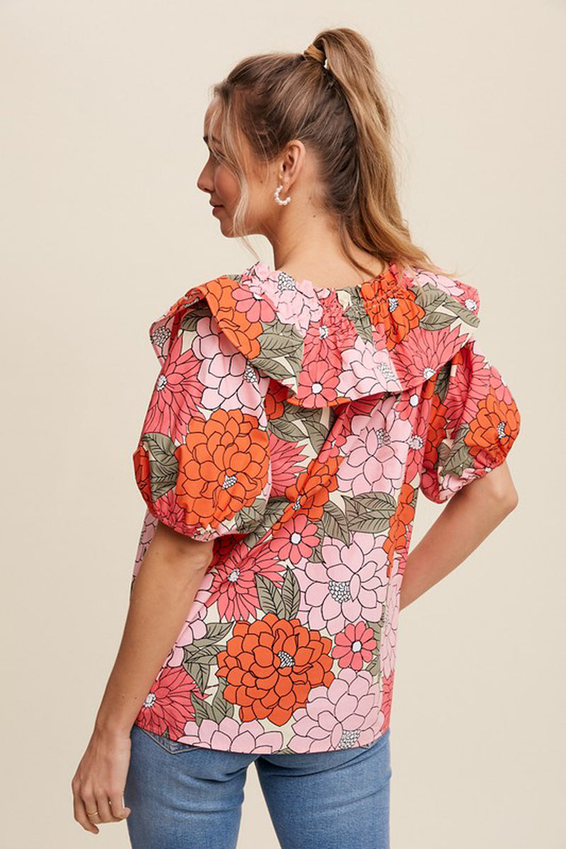 Collared Floral Puff Sleeve Top