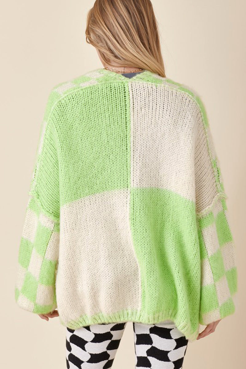 Lime Green Checkered Knit Cardigan