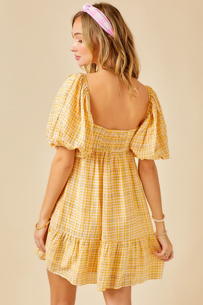 Yellow Plaid Puff Sleeve Dress