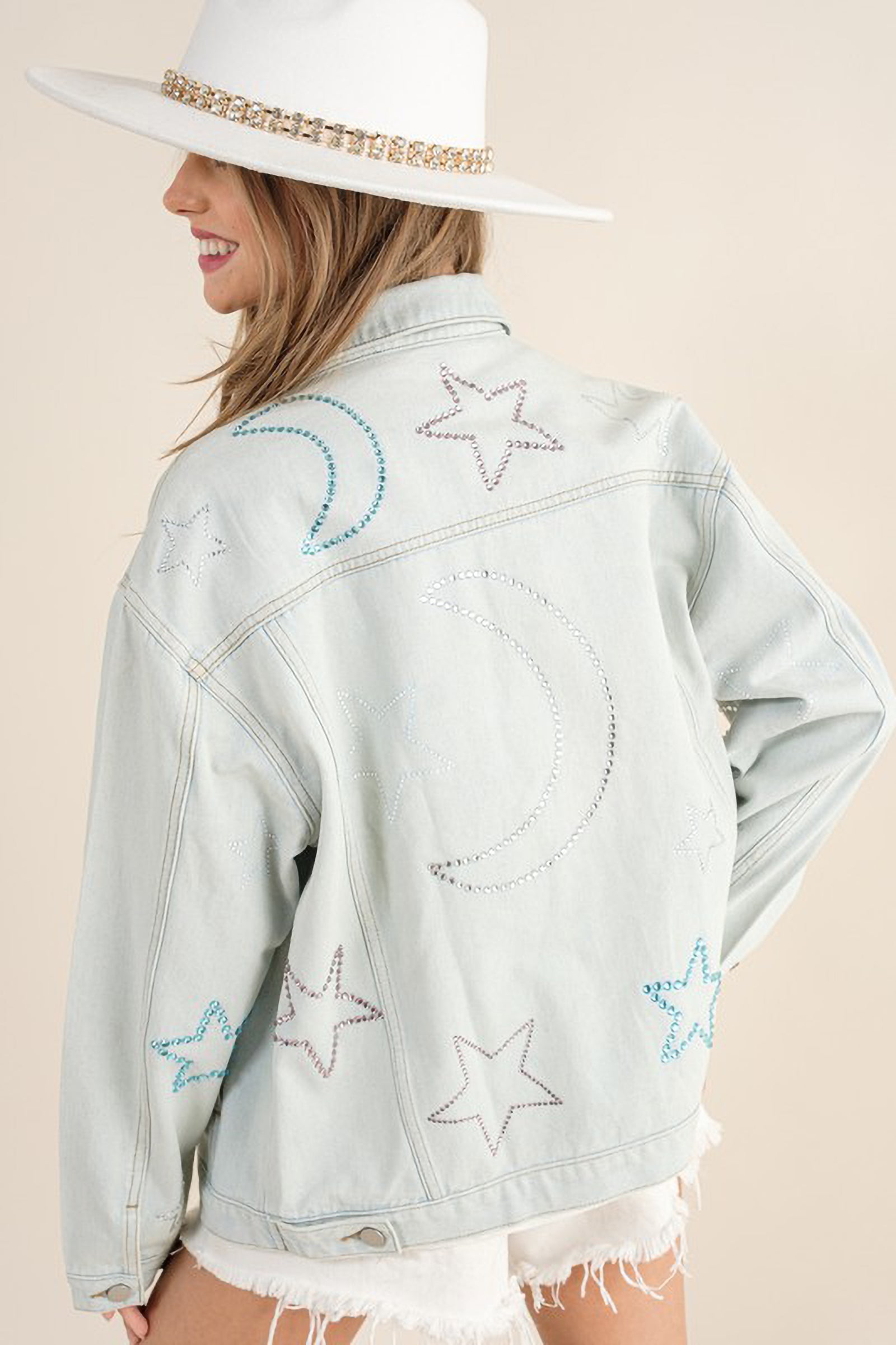 ジャケット MOORER Woman Jacket Sand DANIELLETHC U0080 Star and Moon Rhinestone Denim Jacket – Sun + Moon Online