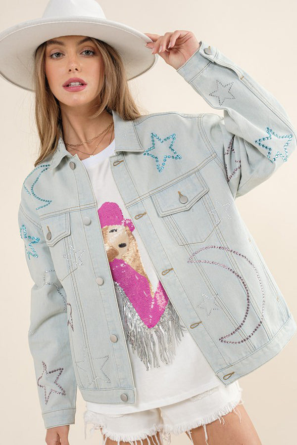 Star and Moon Rhinestone Denim Jacket