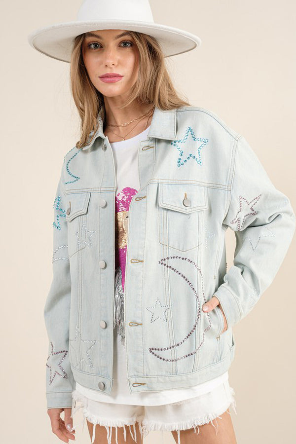 Star and Moon Rhinestone Denim Jacket