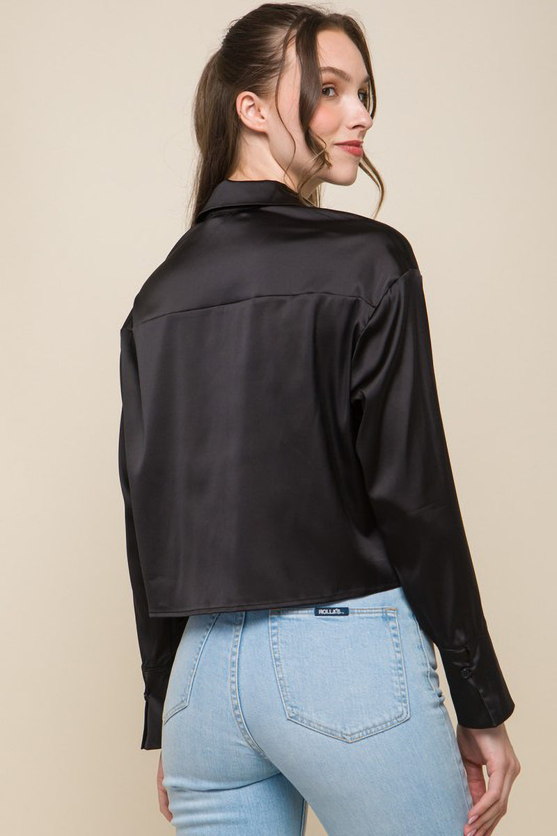 Satin Cropped Collared Button Up