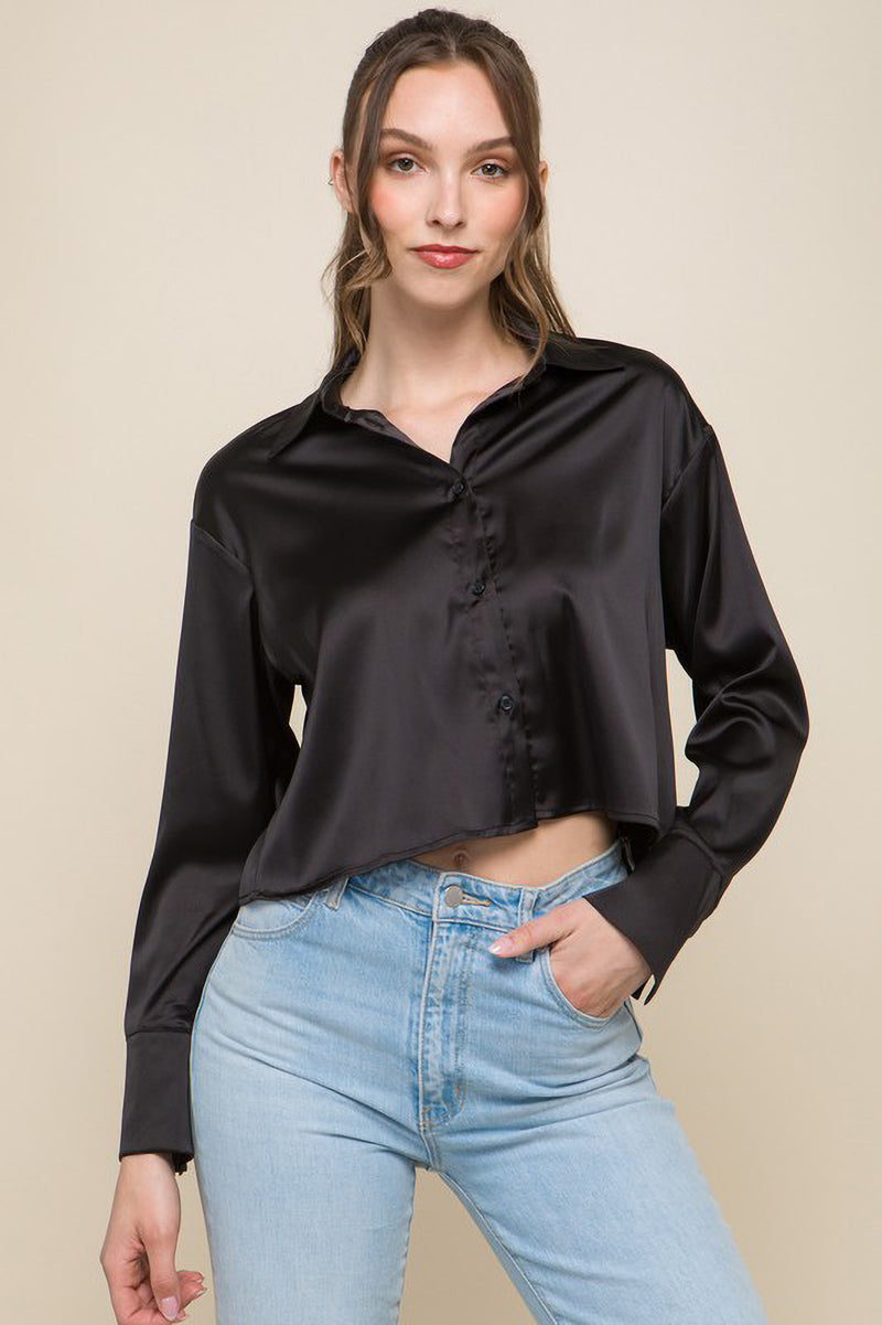 Satin Cropped Collared Button Up