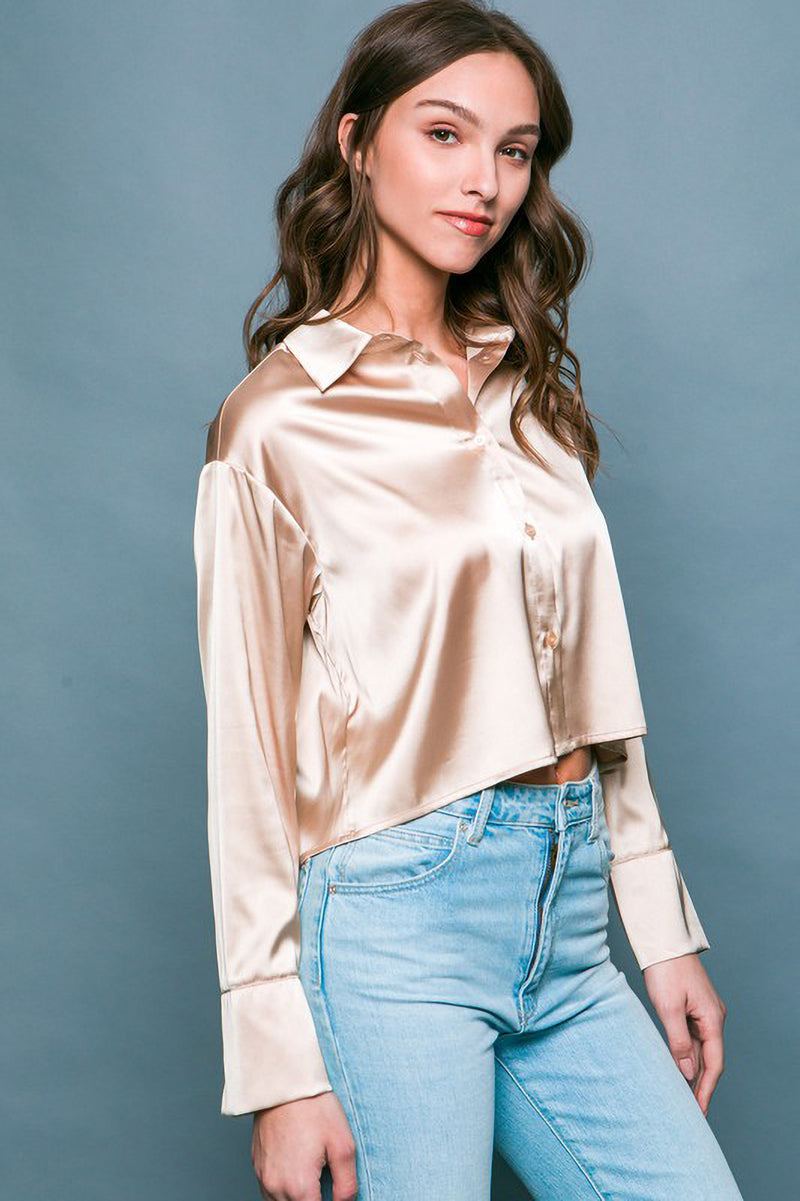 Satin Cropped Collared Button Up