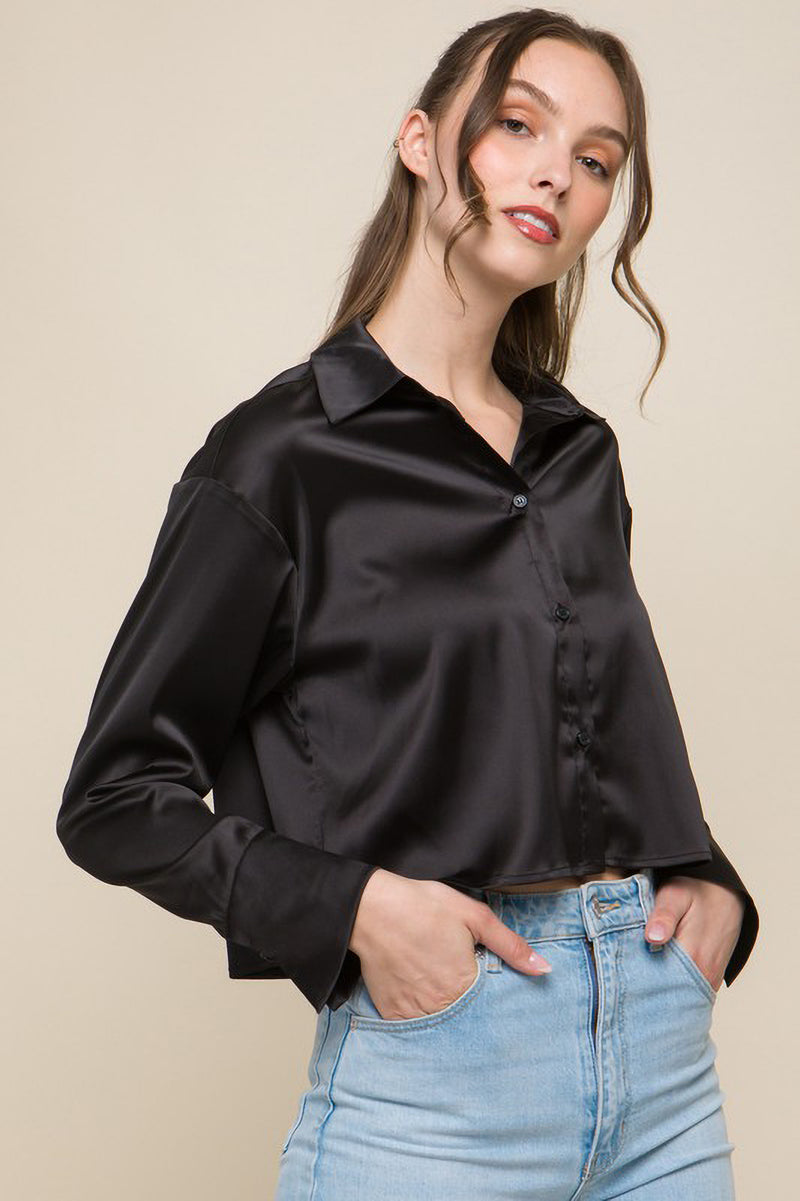 Satin Cropped Collared Button Up