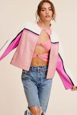 Pink Color Block Faux Leather Moto Jacket