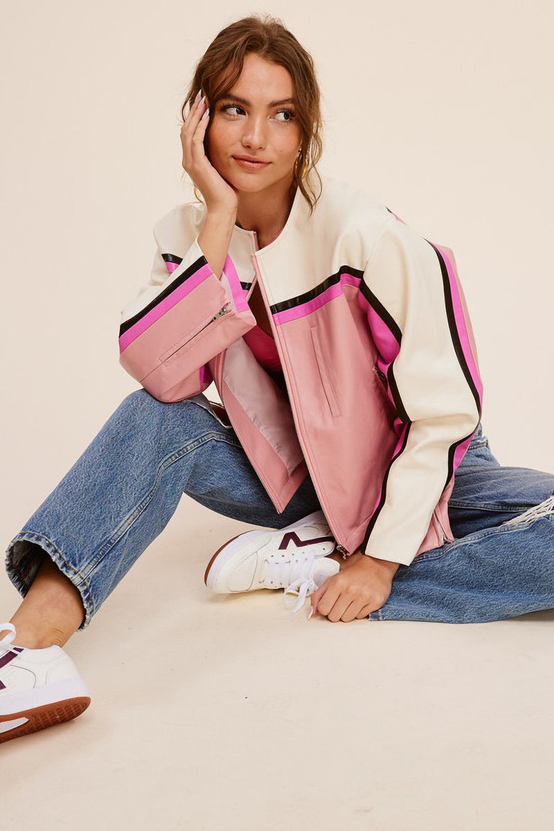 Pink Color Block Faux Leather Moto Jacket