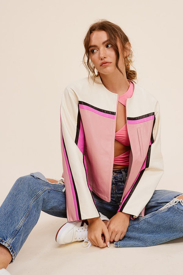 Pink Color Block Faux Leather Moto Jacket