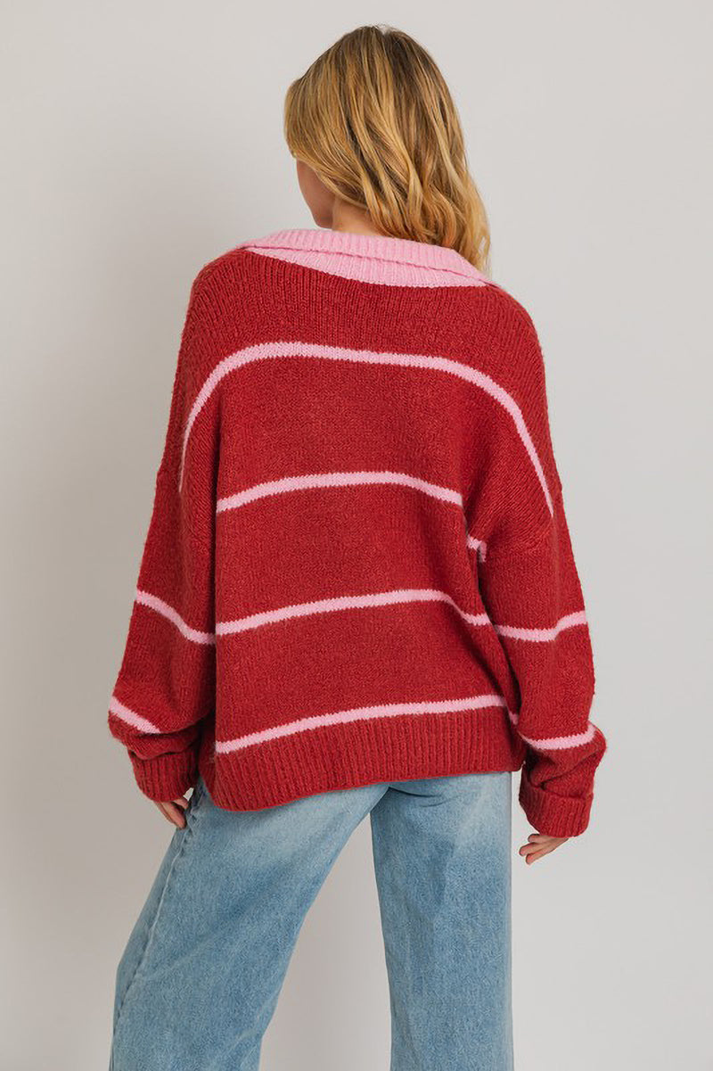 Red and Pink Striped Collared Sweater