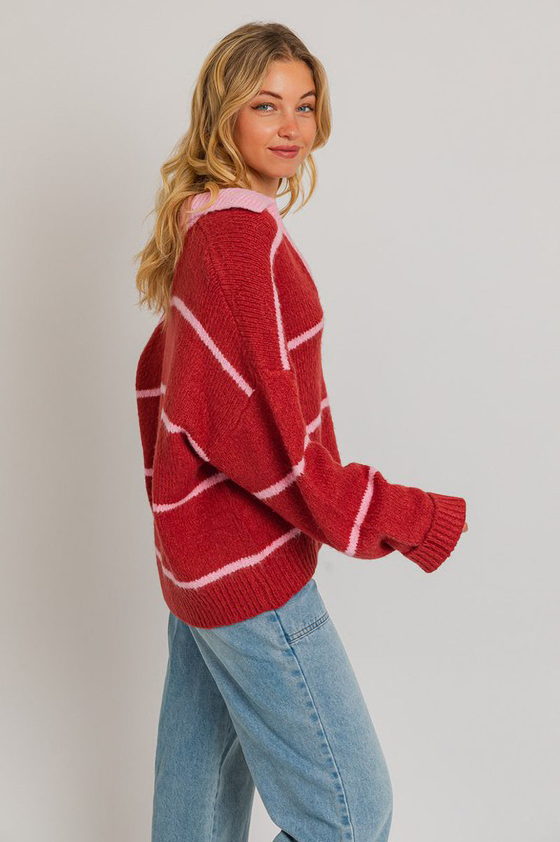Red and Pink Striped Collared Sweater
