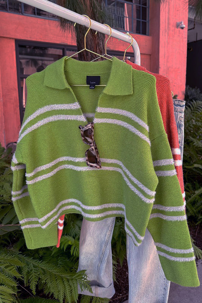 Green Cropped Collared Stripe Sweater