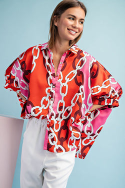 Collared Satin Scarf Print Top