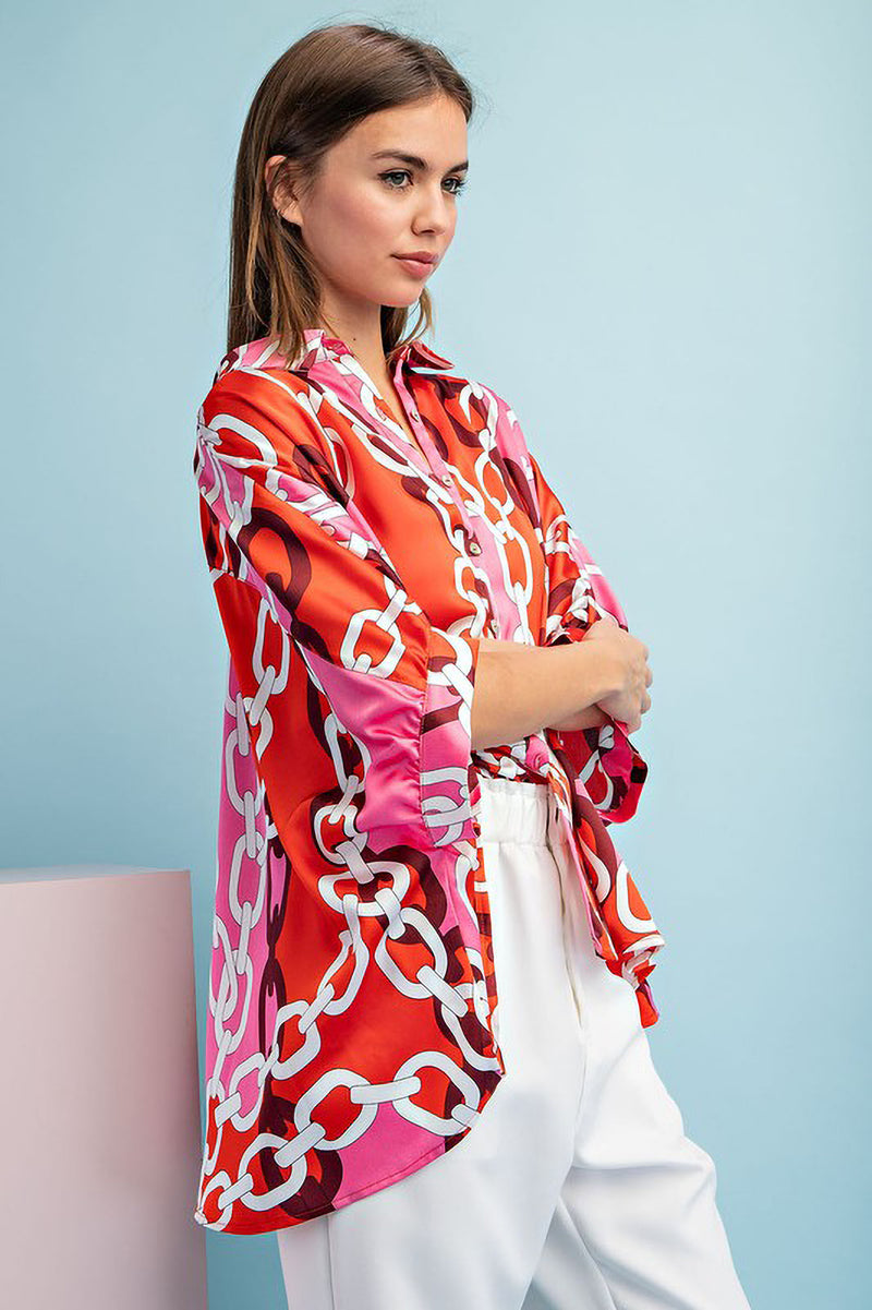 Collared Satin Scarf Print Top