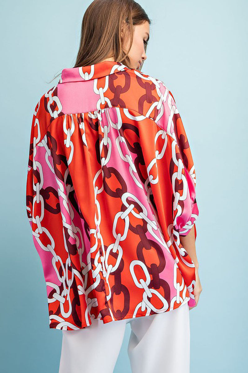 Collared Satin Scarf Print Top