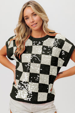 Sequin Checkered Sweater Vest