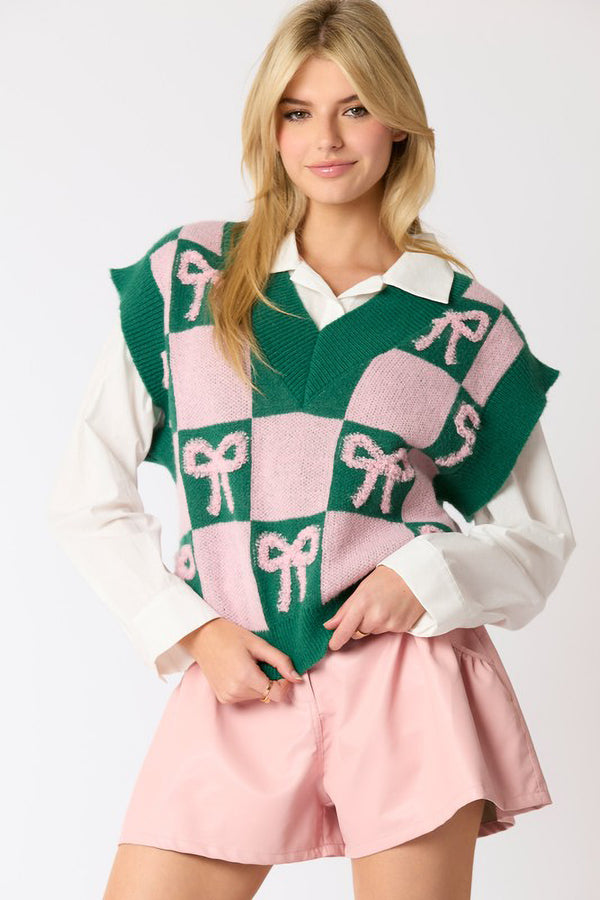 Checkered Bow Sweater Vest