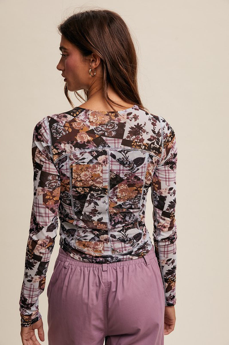 Patchwork Floral Mesh Long Sleeve Top