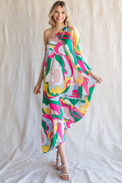 Swirl Print Satin One Shoulder Dress