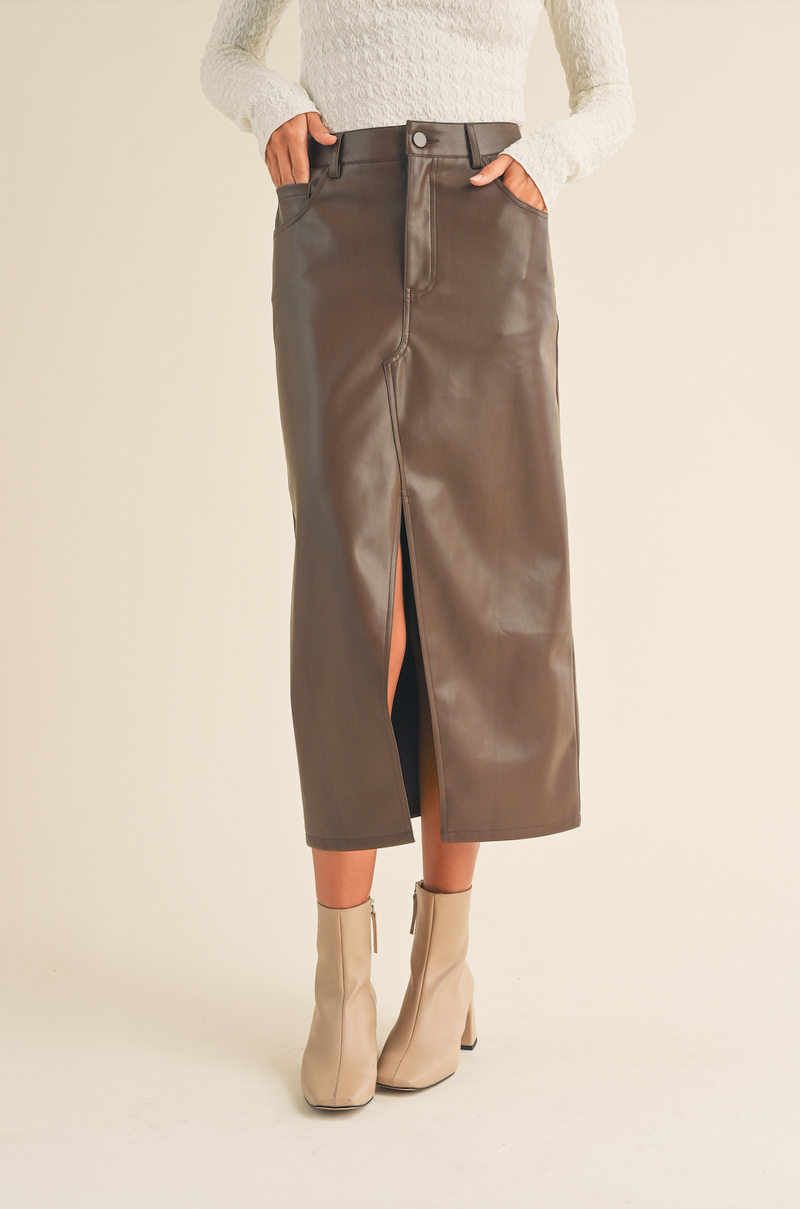 Faux Leather Front Slit Midi Skirt