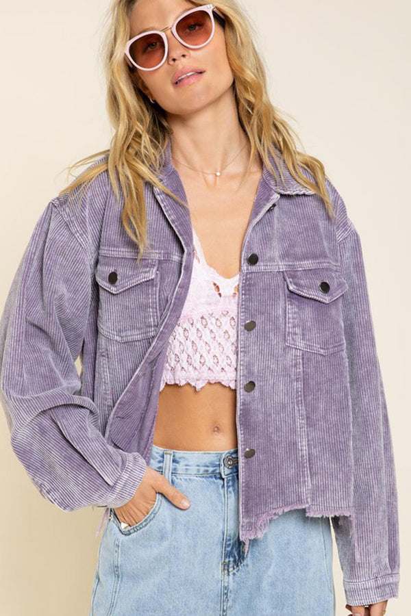 Cropped Distressed Hem Corduroy Shacket