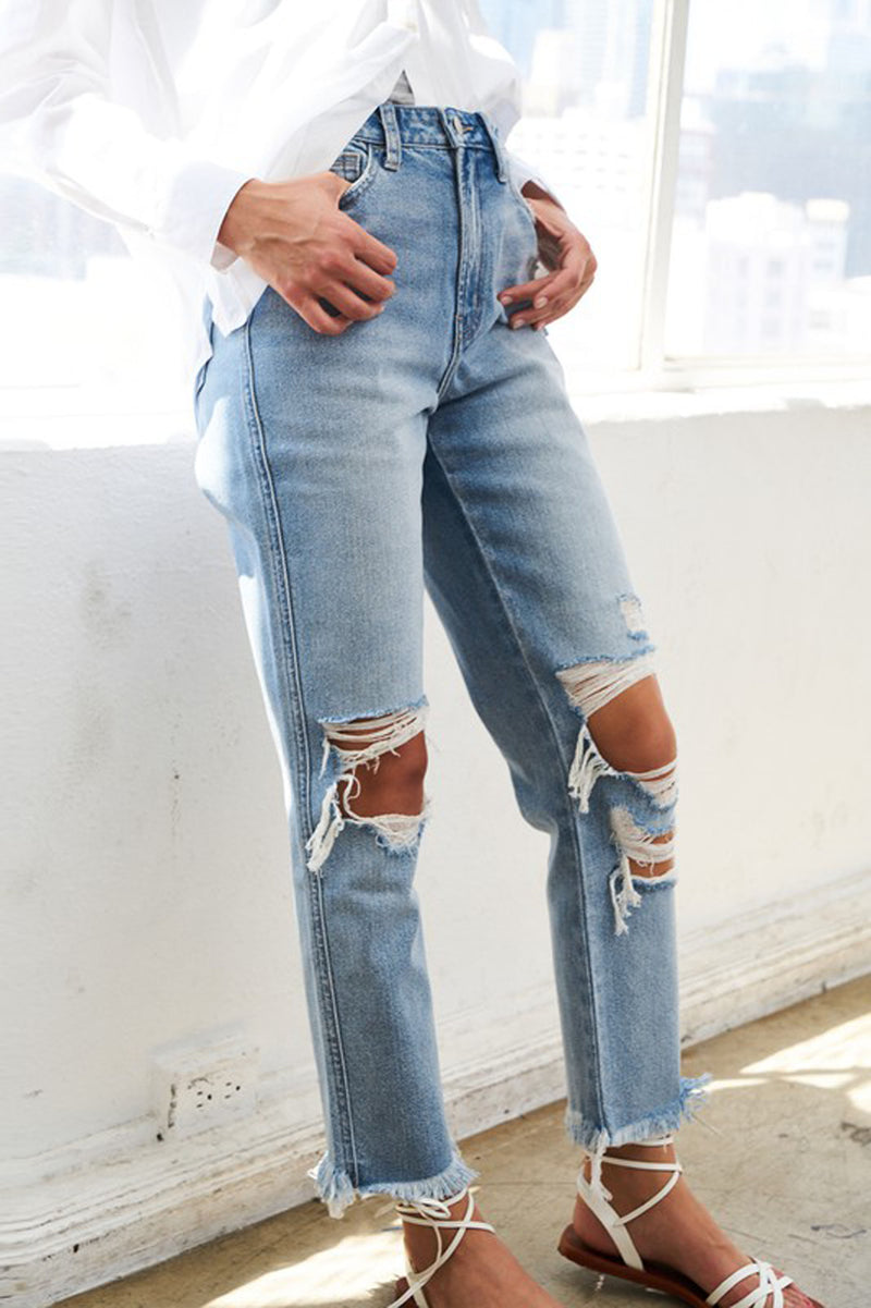 High Rise Distressed Relaxed Straight Fit Jeans