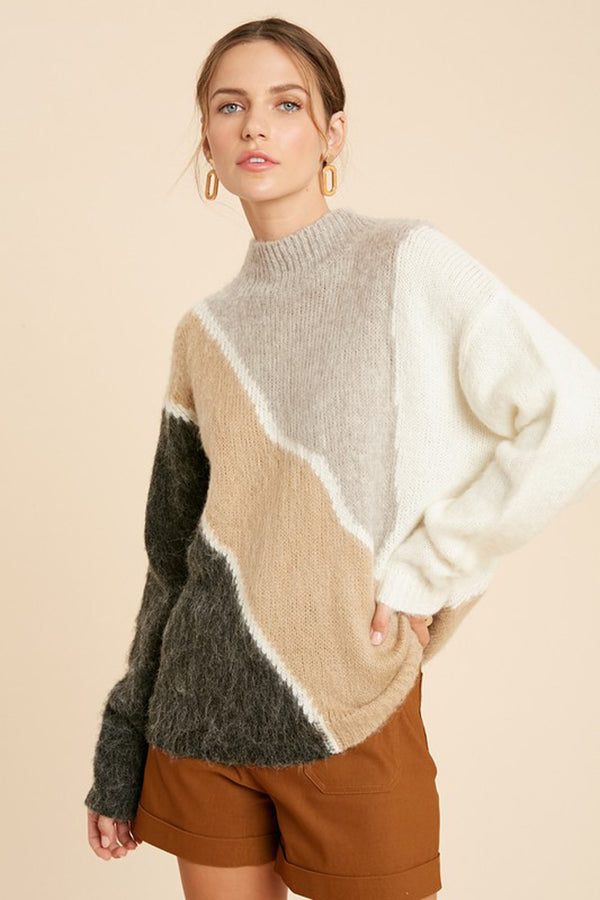 Brushed Color Block Mock Neck Sweater