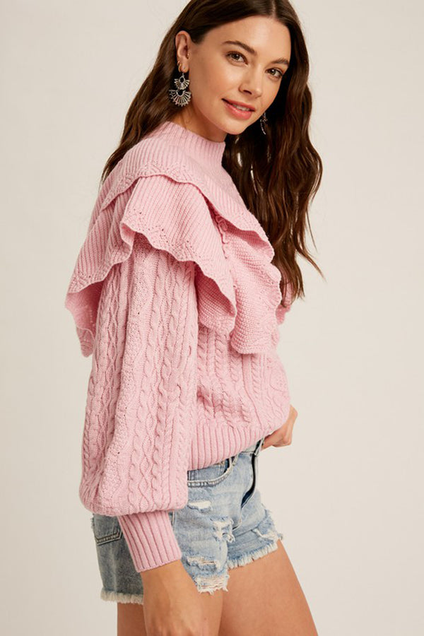 Ruffle Shoulder Mock Neck Sweater