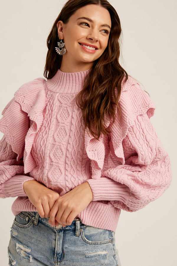 Ruffle Shoulder Mock Neck Sweater