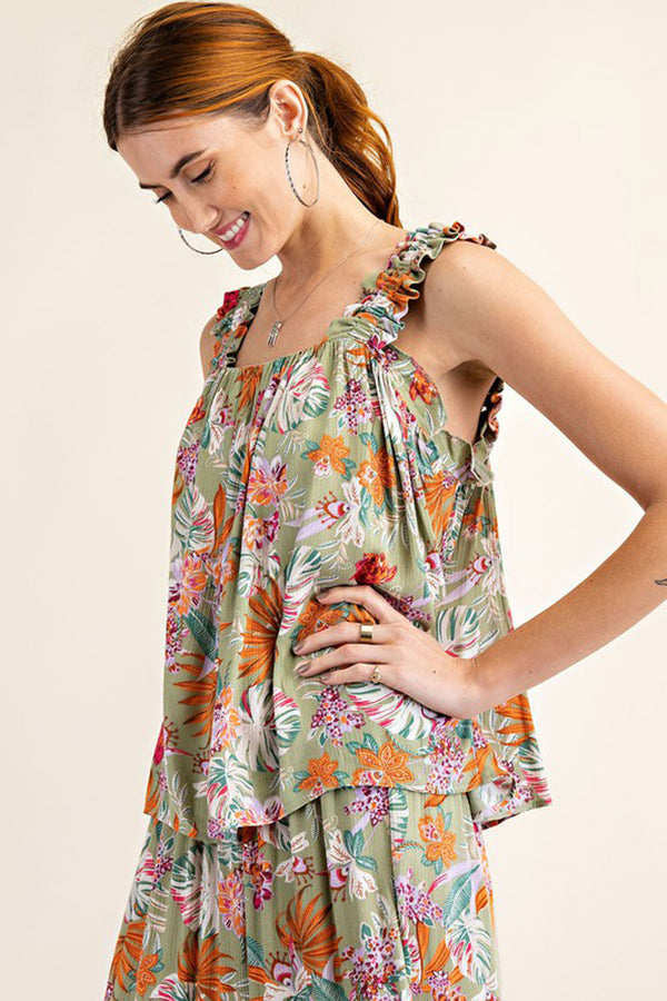 Tropical Ruffle Sleeve Cami