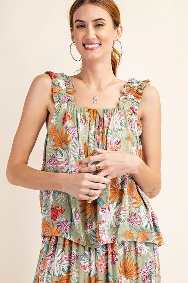 Tropical Ruffle Sleeve Cami