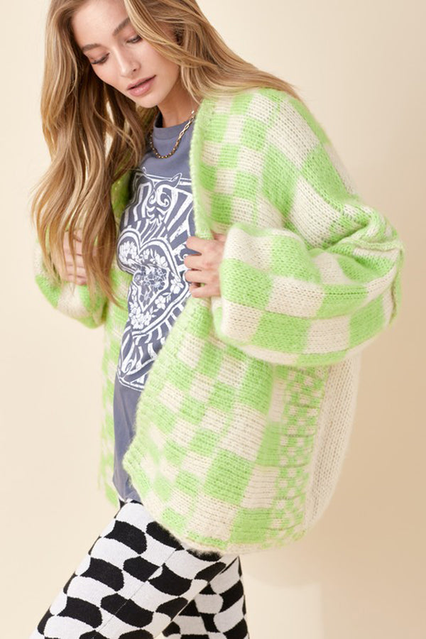 Lime Green Checkered Knit Cardigan