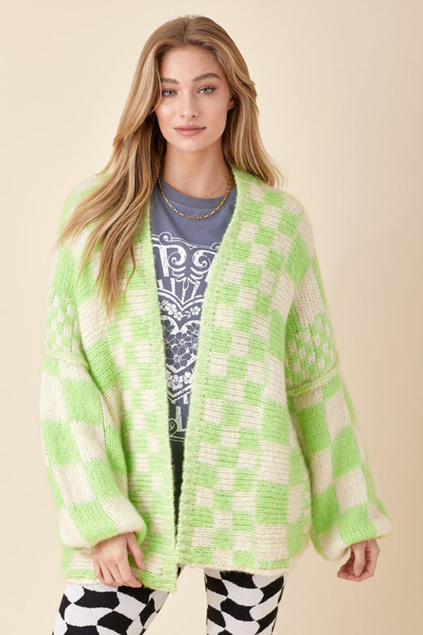 Lime Green Checkered Knit Cardigan