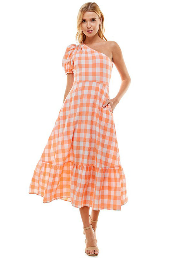 Orange Gingham One Sleeve Maxi Dress
