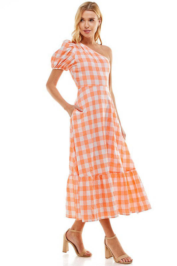 Orange Gingham One Sleeve Maxi Dress