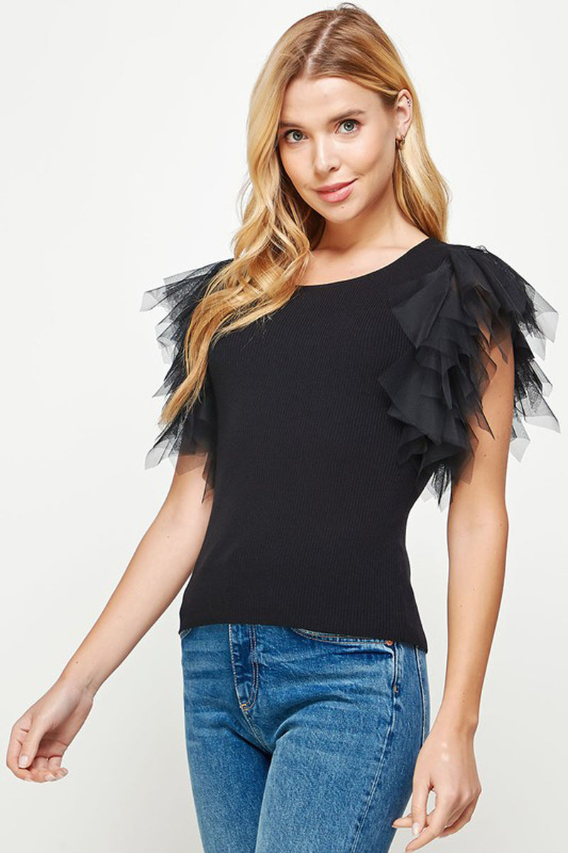 Tulle Ruffle Sleeve Ribbed Top