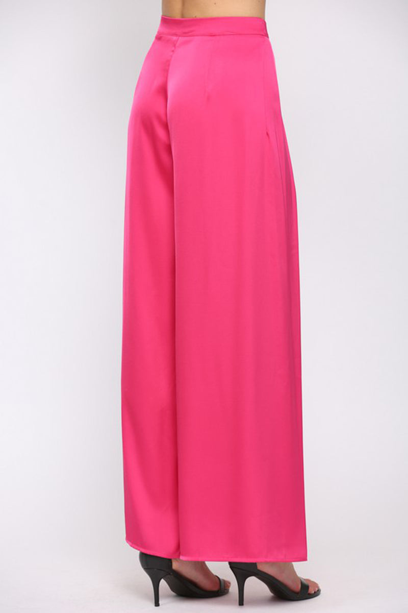 Pink Pleated Satin Wide Leg Pants