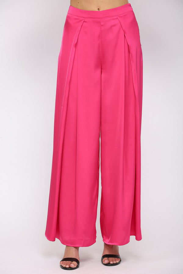 Pink Pleated Satin Wide Leg Pants