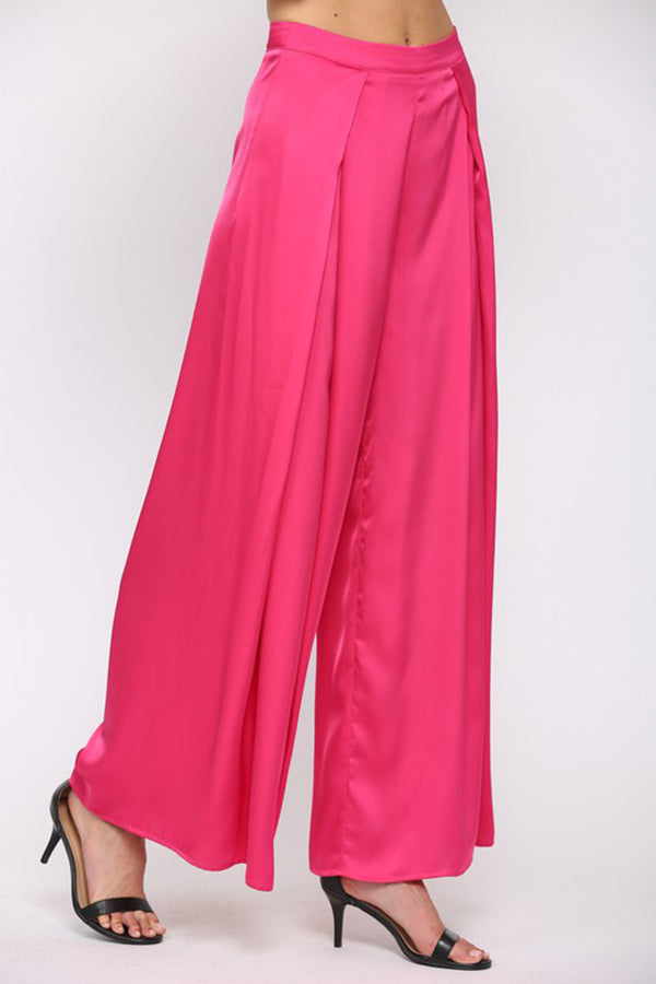 Pink Pleated Satin Wide Leg Pants