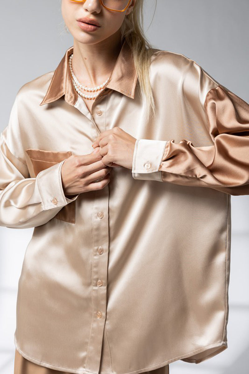 Satin Color Block Button Up