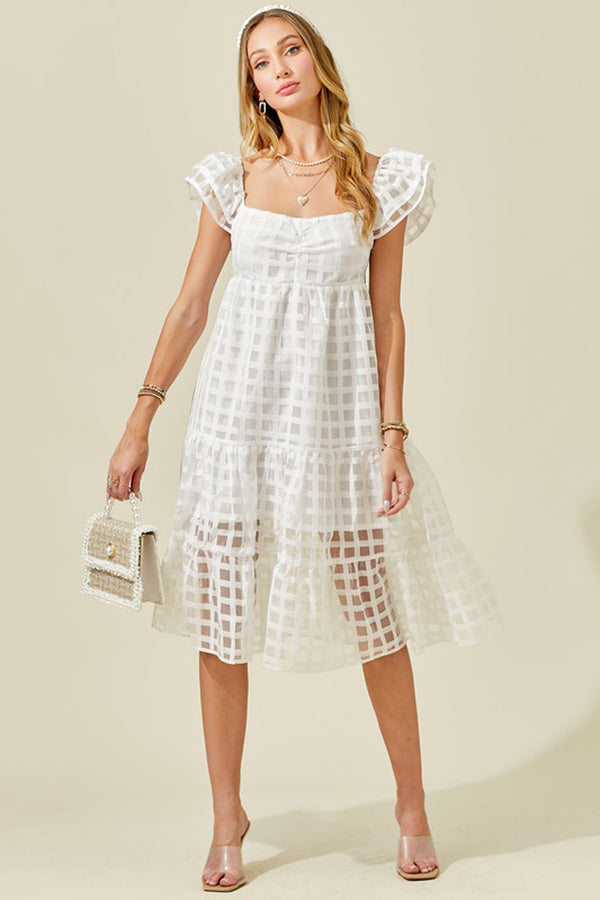 Check Organza Flutter Sleeve Dress