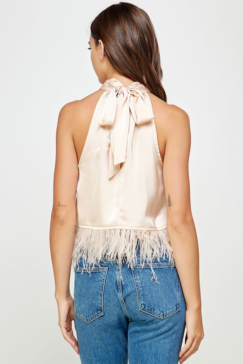 Satin Halter Feather Trim Top