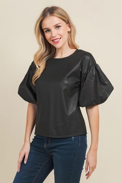 Faux Leather Bubble Sleeve Top
