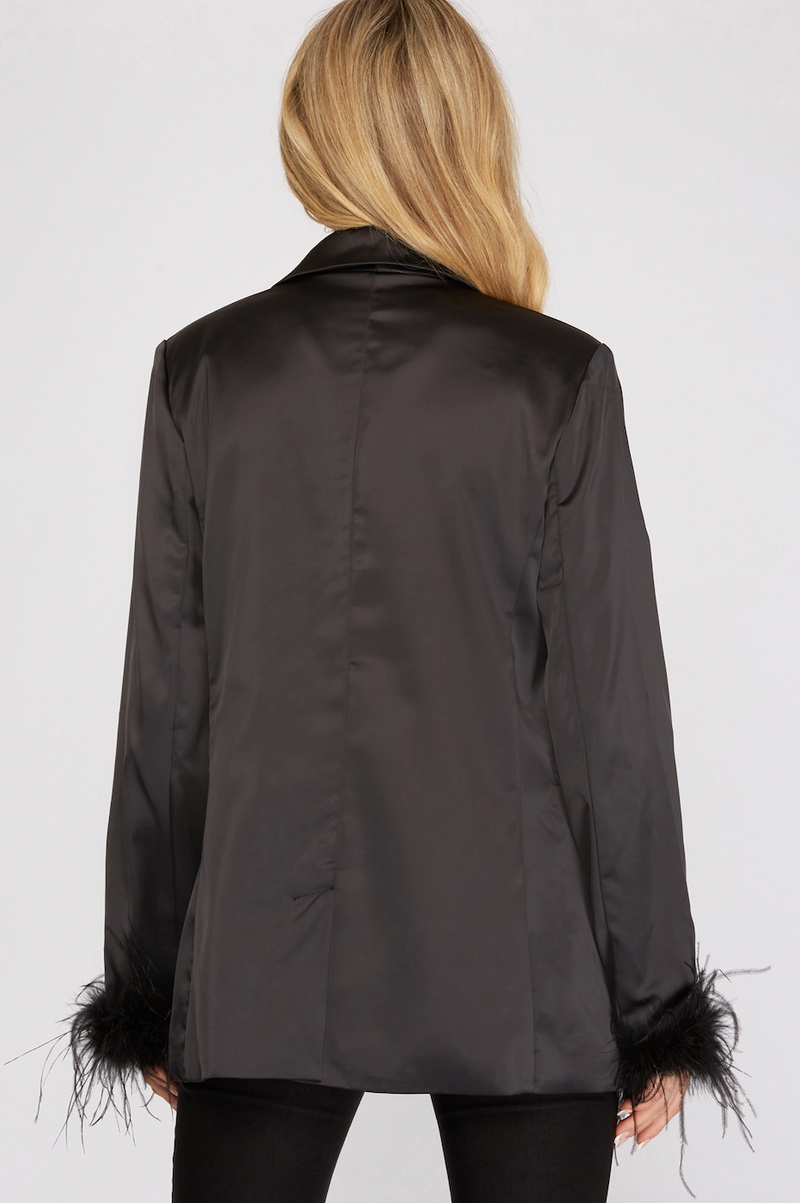 Feather Trim Satin Blazer