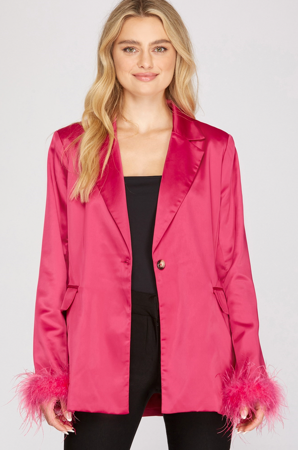 Feather Trim Satin Blazer